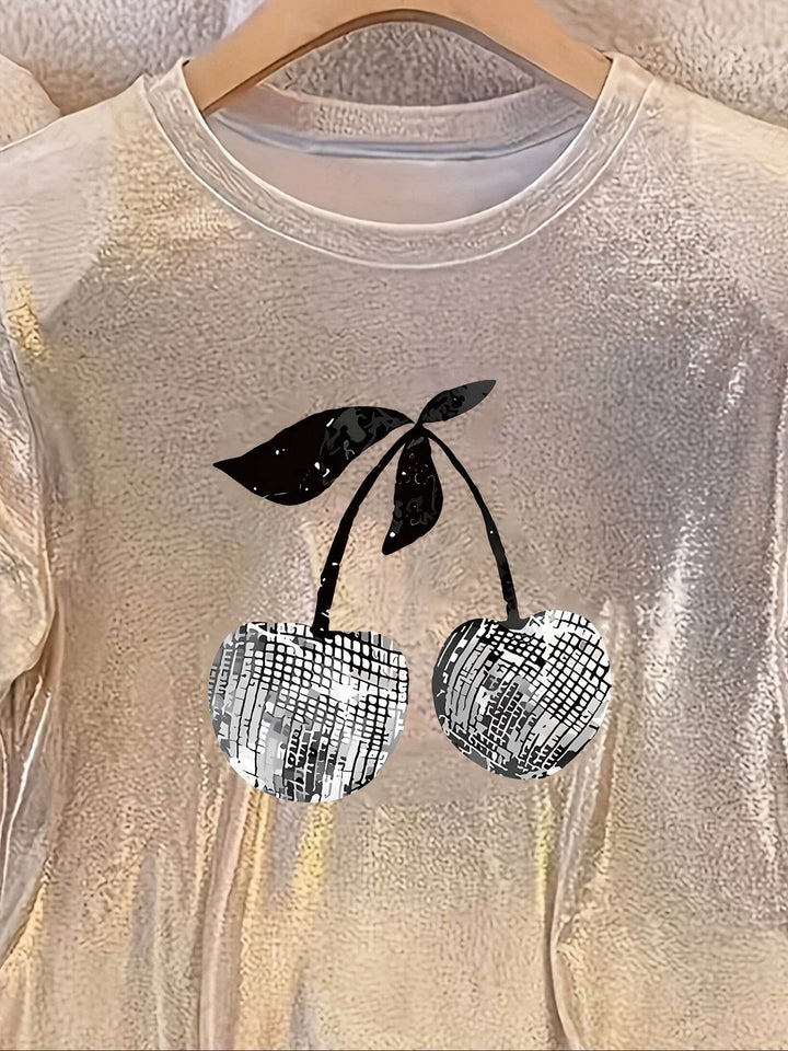 Women's Sparkling Champagne Cherry Graphic T-Shirt - Casual Round Neck, Stretchy Polyester Blend, Metallic Sheen with Black Cherry Design, Perfect for Parties & Casual Attire - MHMote