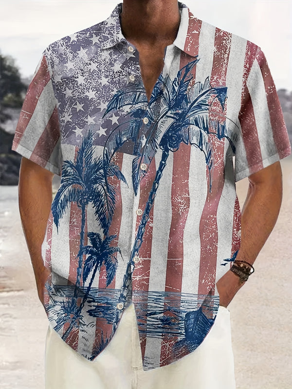 Herreskjorte med kortermet mønster og hawaiisk kokosnøttre og amerikansk flagg i plussstørrelse - Lett polyester, knappelukking med brystlomme, ideell for sommerferie, ferieantrekk | Skjorte med tropisk trykk | Polyesterstoff
