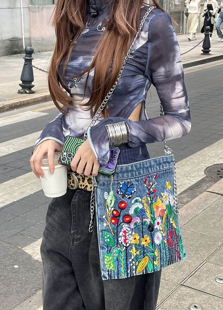 Embroidered Flowers Women Cowboy Shoulder Bag Fashion Chain Ladies Messenger Bags Denim Handbag Blue - MHMote