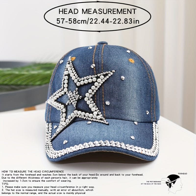 Women's Rhinestone Studded Star Denim Baseball Cap, Adjustable Casual Outdoor Sun Protection Peaked Hat Gifts For Eid