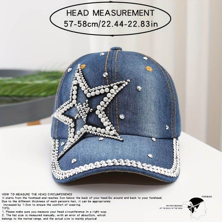 Women's Rhinestone Studded Star Denim Baseball Cap, Adjustable Casual Outdoor Sun Protection Peaked Hat Gifts For Eid - MHMote