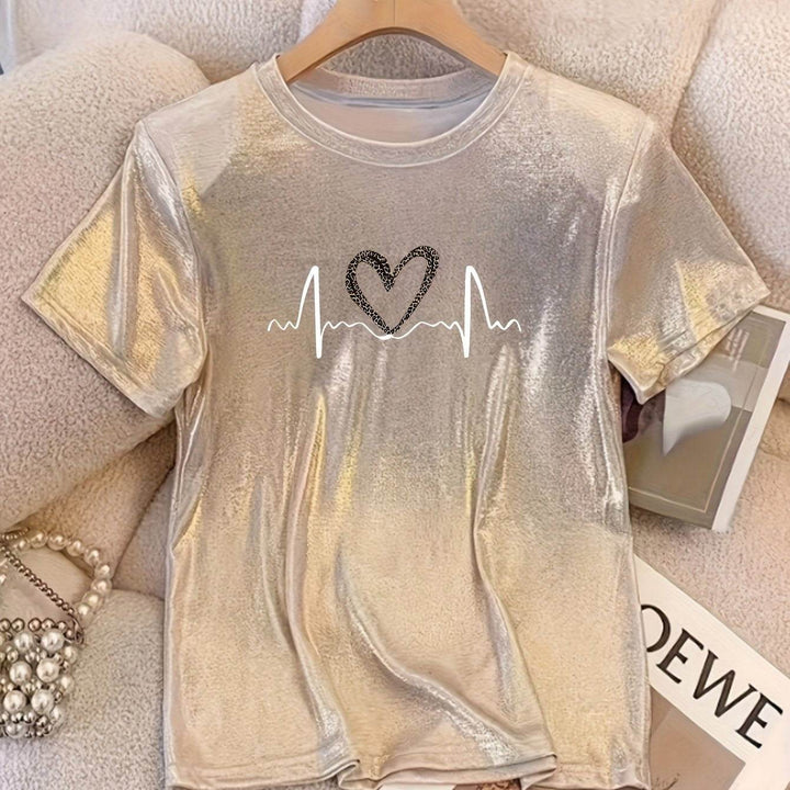 Women's Champagne Leopard Heart Graphic Tee - Casual Round Neck, Sparkle Princess T-Shirt, Machine Washable - Perfect for Spring/Summer/Fall - MHMote