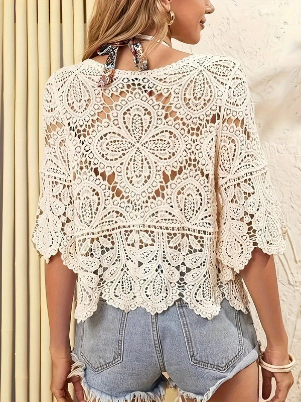 Women'S Bohemian Style Lace Crochet Cover-Up - Half Sleeve, Round Neck, Hollow-Out Floral Design, Lightweight Rayon Fabric for Spring/Summer Vacations and Casual Outings, Crochet Shawl