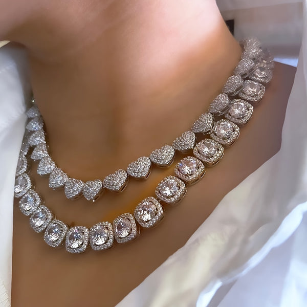2Pcs/Set Iced Out Full Rhinestone Heart Necklace For Women Hip Hop Tennis Chain Link Rapper's Jewelry Gift Chain For Women Men
