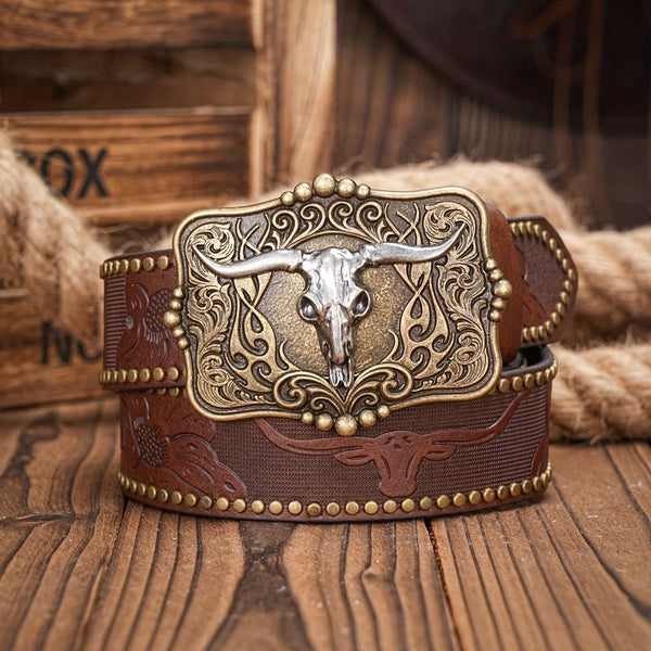 BH Western Cowboy Belte - Vintage Hestedesign med Blomstergravert Spenne, Imitert Skinn til Jeans