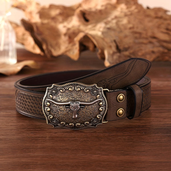 Herrebelte i vintagestil med westerncowboy-motiv, preget detalj og unik spenne - Moteriktig kunstskinn, brodert kant, avslappet