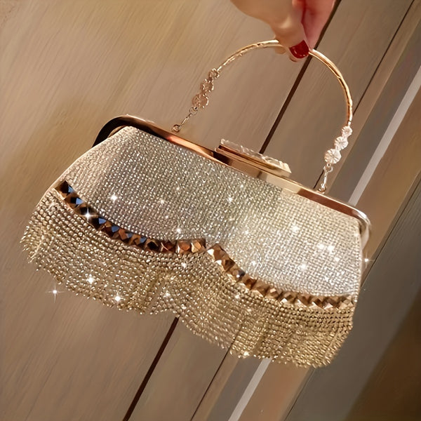 Elegant Evening Satchel with Sparkling Rhinestone Detail, Chic Tassel, and Secure Buckle - Durable Party Glamour Bag