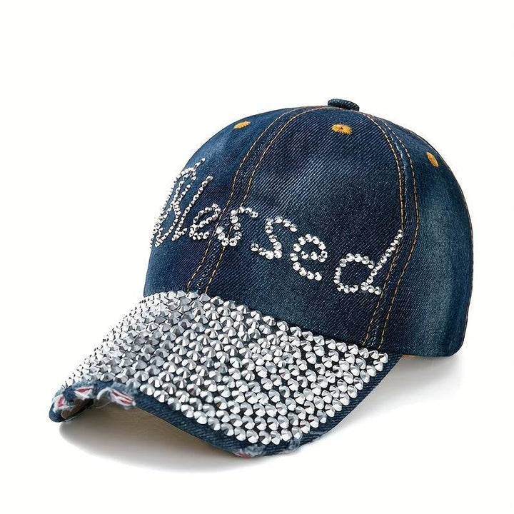Stylish denim baseball cap with Blessed letter and diamond embellishment - MHMote