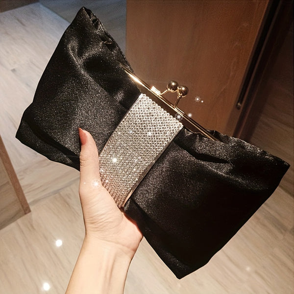 Rhinestone Decor Fashion Clutch Bag, Kiss-Lock Metal Chain Portable Handbag, Women's Purses & Evening Bags