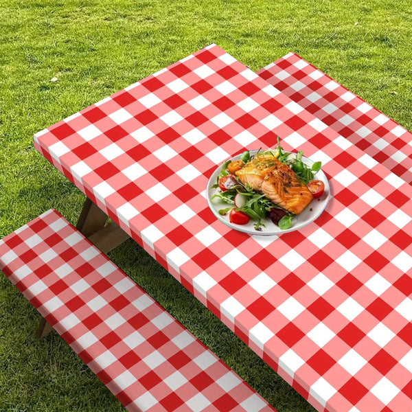 3 stk. rødrutete piknik-campingduksett, landlig resortstil, duk med dekorativ kunst, for innendørs/utendørs/terrasse med elastisk kant