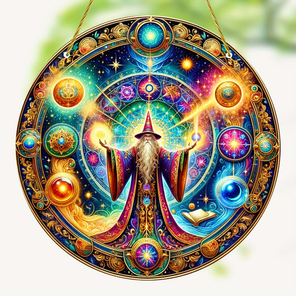 1pc, Magician Stained Round Suncatcher (8"X8"), Colorful Art Window Hanging Decoration, Holiday Decoration, Wreath Decoration, Wall Art Decoration, Porch, Living Room, Garden, Bedroom, Home Decor, Birthday Gift For Friends Gi