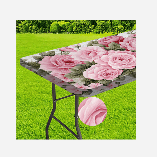 1 stk. utendørs duk med roseblomsttrykk - elastisk kant i polyester - egnet for camping, piknik og hagefester, lyse farger, utendørs bordsett, pikniktilbehør, kan brukes innendørs og utendørs.