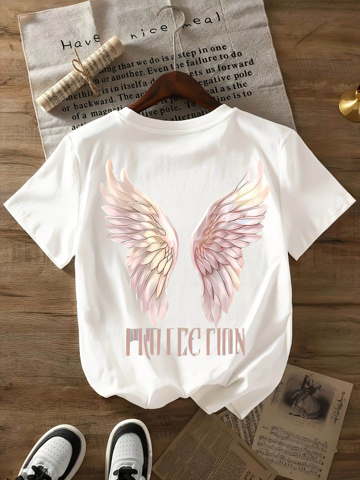 Women's Angel Wings Graphic T-Shirt - Casual Round Neck Short Sleeve Top, Soft Polyester & Spandex Blend, Machine Washable, All-Season Comfort, Angel Tshirt - MHMote