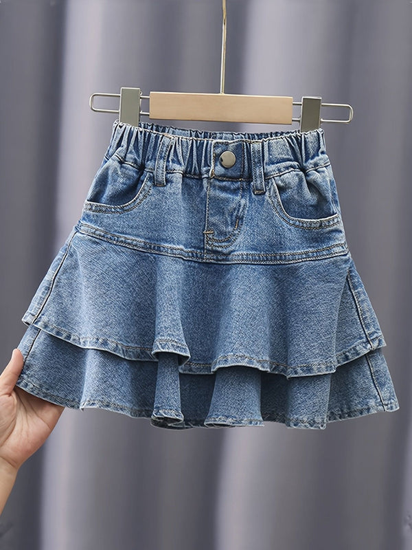Trendy lagdelt denimskjørt med lomme, komfortabelt skjørt for jenter til sommeren, K-pop