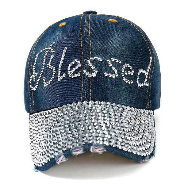 Stylish denim baseball cap with Blessed letter and diamond embellishment - MHMote