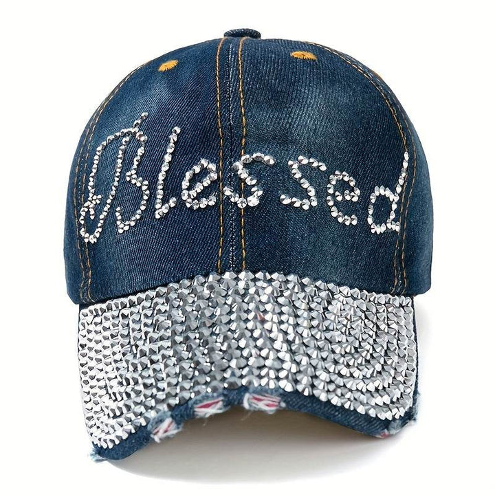 Stylish denim baseball cap with Blessed letter and diamond embellishment - MHMote