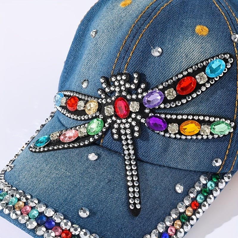 Rhinestone Dragonfly Patch baseballcaps blå dongeri vasket nødlidende far lue solhatter for kvinner
