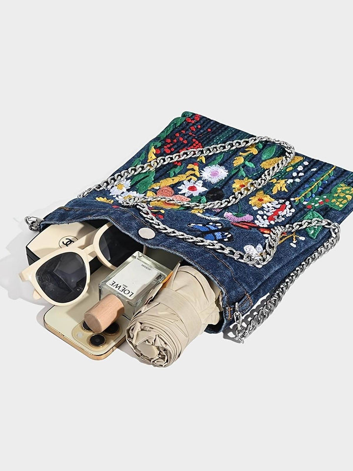 Embroidered Flowers Women Cowboy Shoulder Bag Fashion Chain Ladies Messenger Bags Denim Handbag Blue - MHMote