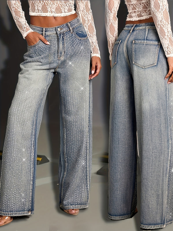 Damenes høst-vinter 2025 nye stretchjeans med middels høy midje og rette ben, strassdekorasjoner og splitt bak, perfekt for stevnemøter, shopping, fester, vasket vintageblå, komfortabel passform, bruk hele året, skinnende jeans