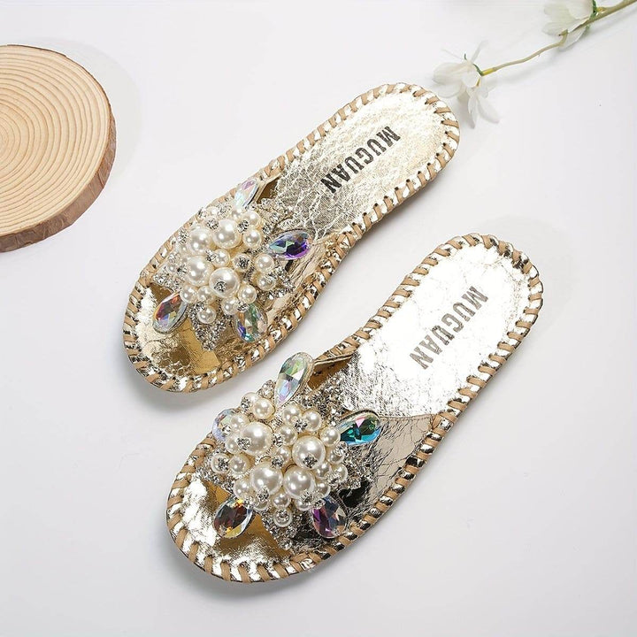 [Durable Build] Elegant Women's Open-Toe Slide Sandals with Handcrafted Floral Rhinestone & Pearl Accents - Fashionable Beige Slip-On Flats, Perfect for All Seasons - MHMote