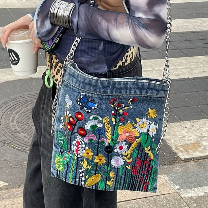 Embroidered Flowers Women Cowboy Shoulder Bag Fashion Chain Ladies Messenger Bags Denim Handbag Blue - MHMote