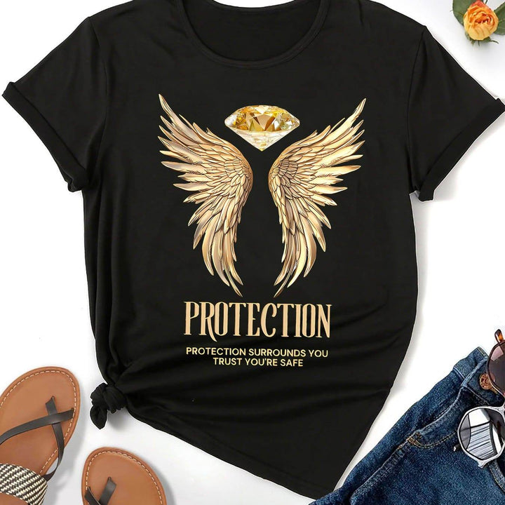 Protection & Angel Wings & Diamond Print Crew Neck T-shirt, Casual Fashion Short Sleeve T-shirt, Micro-Elastic, Non-Transparent, Easy To Care Material, Ideal For Everyday Wear, Women'S Clothing - MHMote