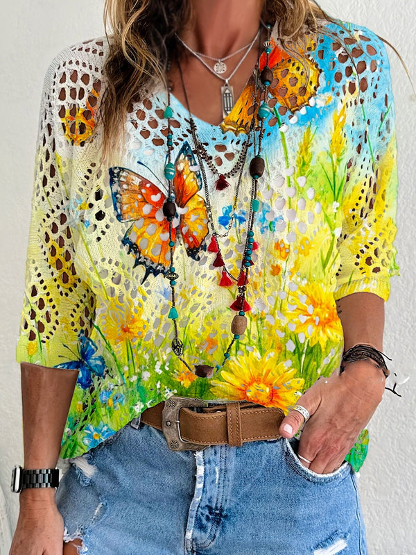 Dametopp med bohemsk sommerfugltrykk - Livlig blomster- og sommerfugldesign, V-hals, korte ermer, lett overdel, perfekt for vår/sommer, ferieantrekk, ferietopp|Vintage bohemsk stil|Lett