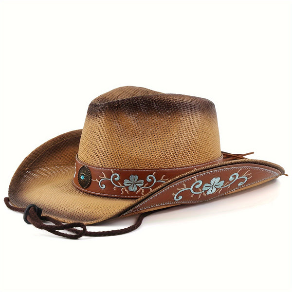 Classic Western Cowboy Hat - Stylish Unisex Design with Embroidered Flower Brim, UV-Protected Paper Straw Sun Hat for Summer, Comfortable, Durable & Adjustable Fit - Perfect for Outdoor Adventures