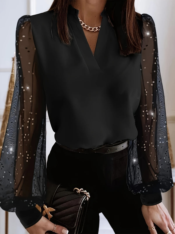 [Chic Comfort] Elegant damebluse med V-hals, glitrende strassdetaljer og gjennomsiktige nettingpaneler, lange ermer - Avslappet polyestertopp, maskinvaskbar, bluser i store størrelser