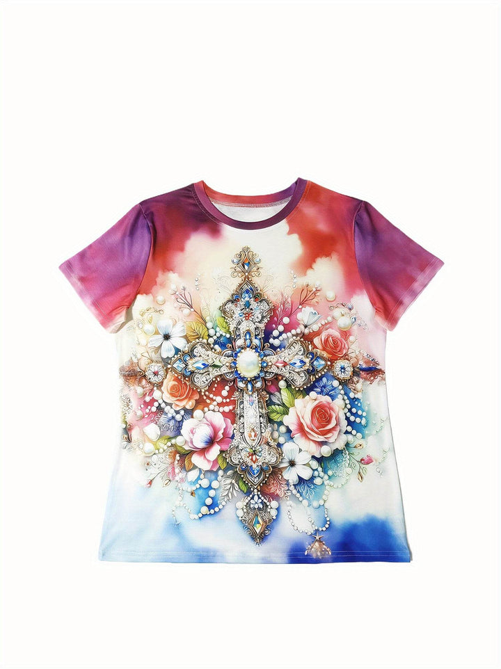 Vibrant Women's Floral Cross Print T-Shirt - Casual Crew Neck, Short Sleeve, Stretchy Polyester Blend, Machine Washable - Colorful Artistic Design for Spring & Summer - MHMote
