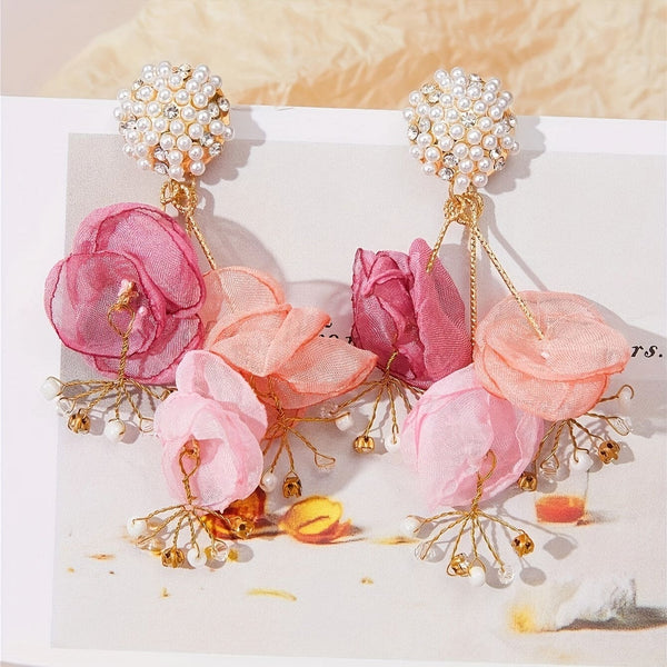 Chic Bohemian Fabric Flower Petal Dangle Earrings - Lightweight Vacation Style Statement Jewelry for Summer Getaways - Handcrafted Delicate Ear Ornaments