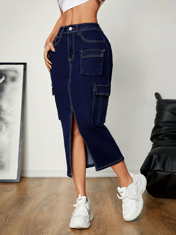 Ensfarget mørkvasket blå splitt foran med klaff og lomme, slim fit, bodycon midi-denimskjørt, damejeans og klær