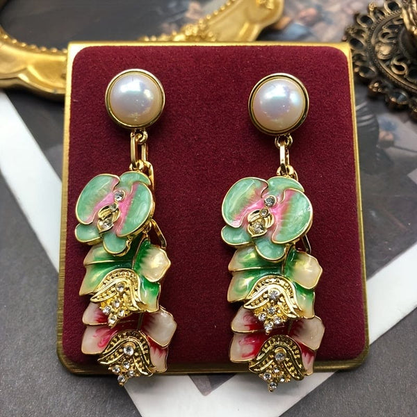 Bohemian Flower Earrings - Vibrant Enamel & Simulated Pearl, Sparkling Rhinestone Dangle Design - Timeless Retro Elegance for Fashion-Forward Females, Perfect Holiday Accessory