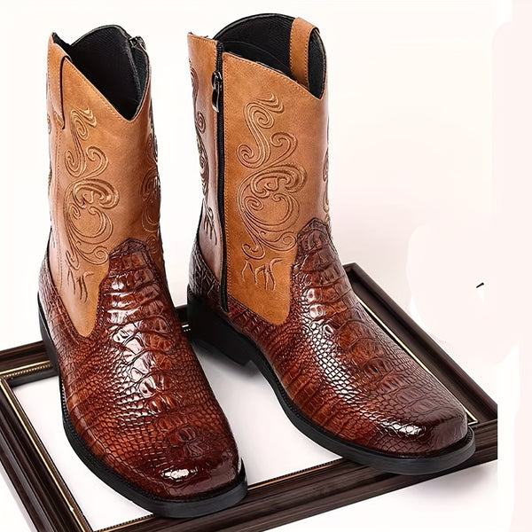 Komfortable vintage høye cowboystøvler i westernstil for menn i pluss størrelse med sklisikker, slitesterk gummisåle og glidelås på siden