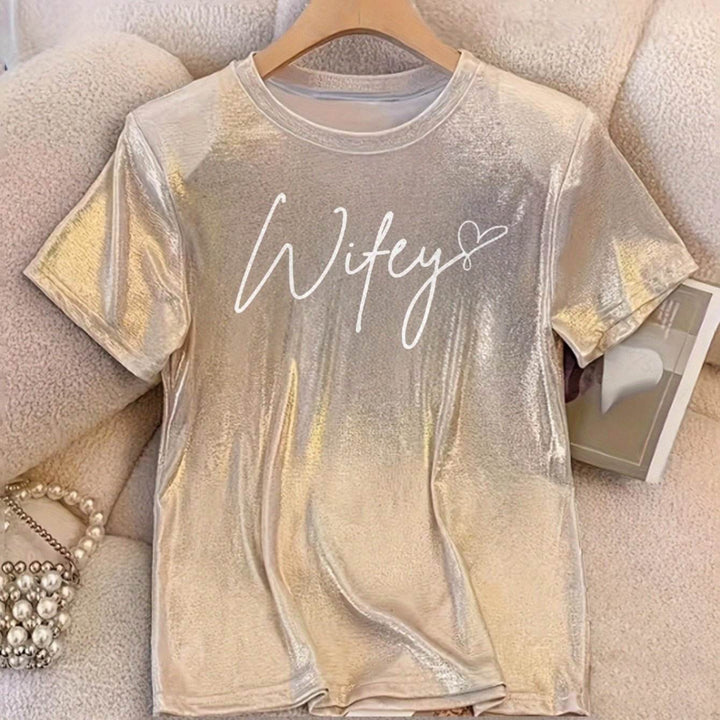 French Fashion Elegant Mermaid Wedding Season Round Neck Glitter Letter WIFEY Printed Short Sleeve T-Shirt - MHMote