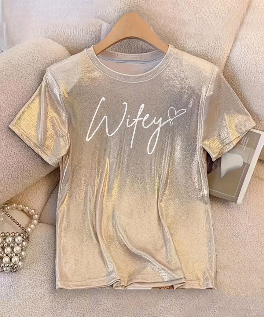 French Fashion Elegant Mermaid Wedding Season Round Neck Glitter Letter WIFEY Printed Short Sleeve T-Shirt