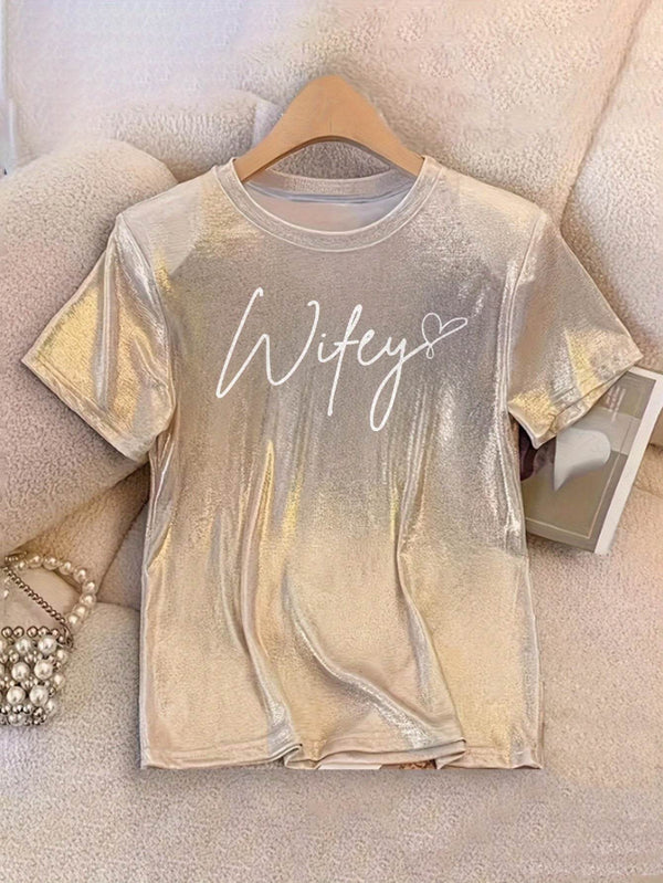 French Fashion Elegant Mermaid Wedding Season Round Neck Glitter Letter WIFEY Printed Short Sleeve T-Shirt - MHMote