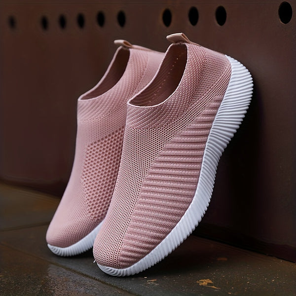 Damesko med strikkede sokker, ensfargede pustende, lave slip-on-sko, lette treningssko for turgåing og løping
