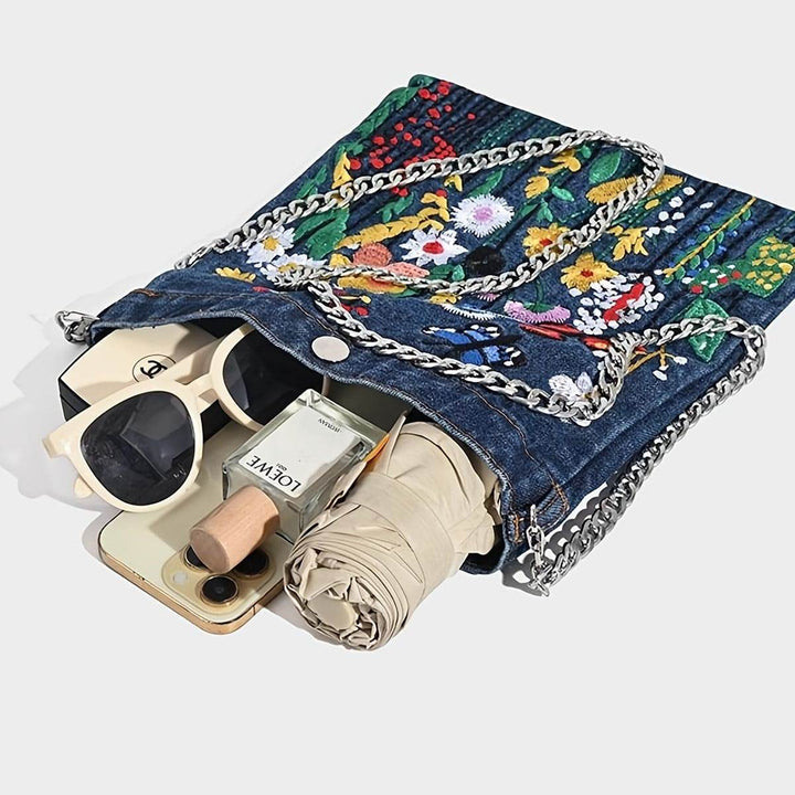 Embroidered Flowers Women Cowboy Shoulder Bag Fashion Chain Ladies Messenger Bags Denim Handbag Blue - MHMote