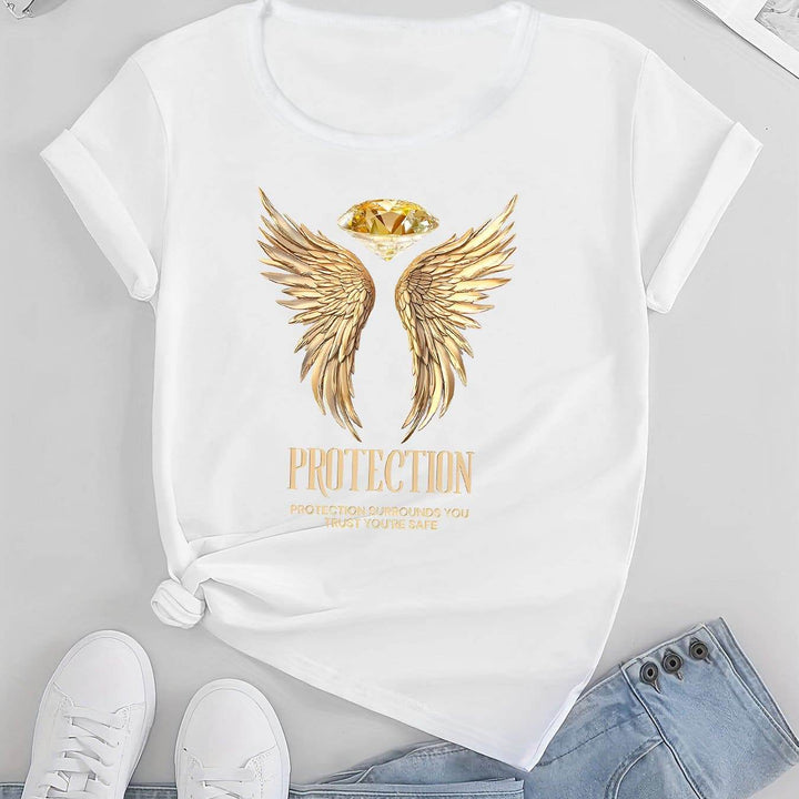 Protection & Angel Wings & Diamond Print Crew Neck T-shirt, Casual Fashion Short Sleeve T-shirt, Micro-Elastic, Non-Transparent, Easy To Care Material, Ideal For Everyday Wear, Women'S Clothing - MHMote