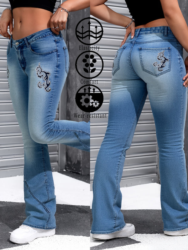 Damejeans med høy midje og stretchdenim med brodert "R"-design – lyseblå, komfortable og slitesterke, avslappet stil for vår/sommer/høst, jeans med høy midje