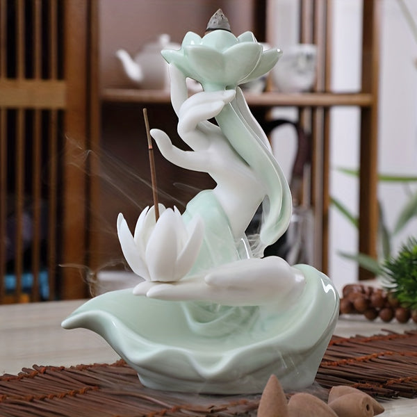 1 stk. lotusfoss buddha håndrøkelsesbrenner, kinesisk porselen keramisk blomst returstrøm aromadiffuser dekorasjon, til hjem romdekorasjon, hjemmedekor, romdekor, bryllupsdekor, borddekor