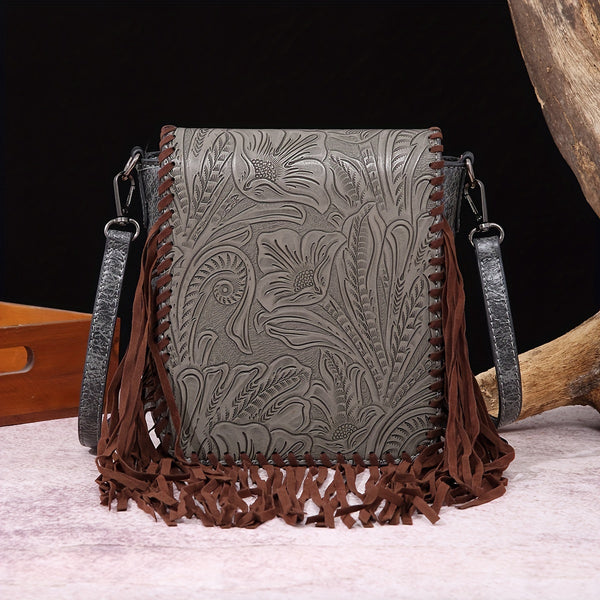 Vintage-inspirert bohemsk crossbody-veske - Intrikat preget, frynsete, vevd messenger-veske med tidløs klassisk design, komfortabel crossbody-stropp og frilynt bohemsk stil