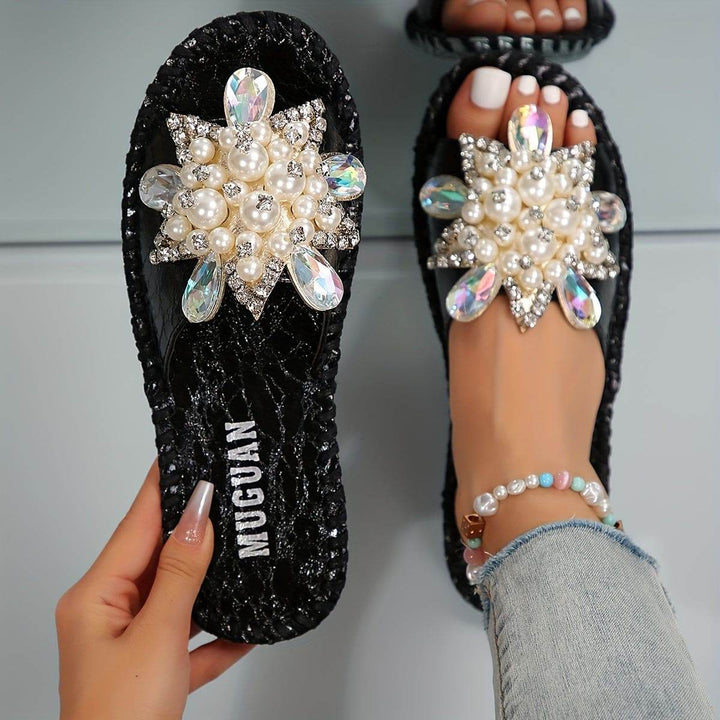 [Durable Build] Elegant Women's Open-Toe Slide Sandals with Handcrafted Floral Rhinestone & Pearl Accents - Fashionable Beige Slip-On Flats, Perfect for All Seasons - MHMote