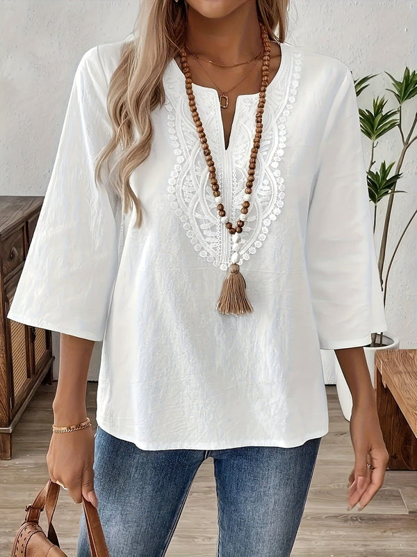 Hvit damebluse med blondekant og V-hals - Midtøsten-inspirert bohemsk chic-design, lett 3-sesongs maskinvaskbar skjorte for vår, sommer, høst, elegant fritids- og formell bruk, allsidig topp, vintage-stil, pustende passform