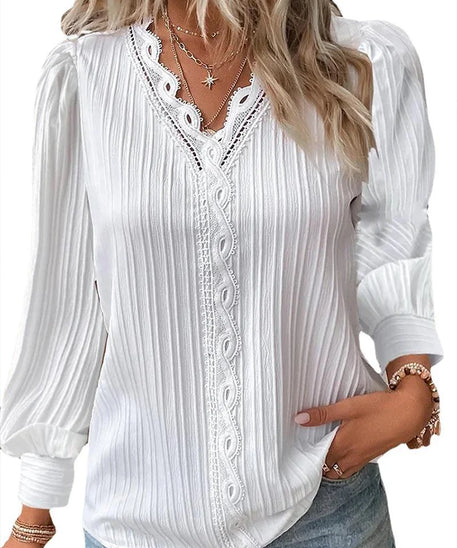Long Sleeve V-Neck Fine Elegant Woman Shirts Lace Spliced Hollow Office Lady Blouses Youthful Fashion Loose Streetwear Tops
