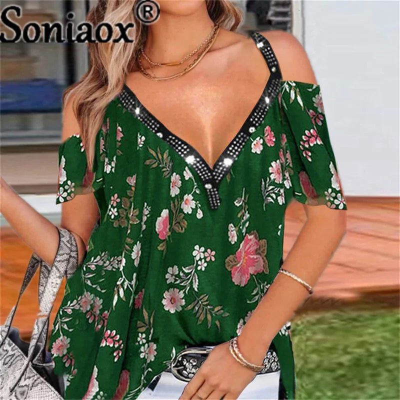 Blomstertrykk V-hals Elegant bluseskjorte damer 2021 sommer stroppeløse kortermede diamantoverdeler Femme sommerbluser T-skjorte
