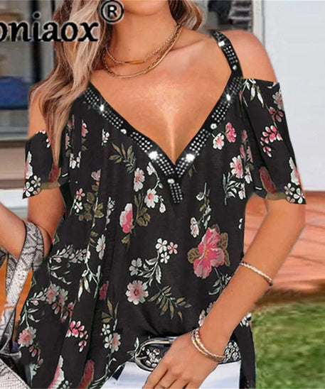Flowers Print V Neck Elegant Blouse Shirt Women 2021 Summer Strapless Short Sleeve Diamond Tops Femme Summer Blouses T-Shirt
