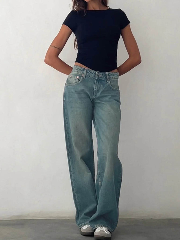 Jeans Women Denim Wide Leg Pant Floor Length Pants Splice Loose Casual Pockets High Waist Straight Trousers Autumn Winter - MHMote