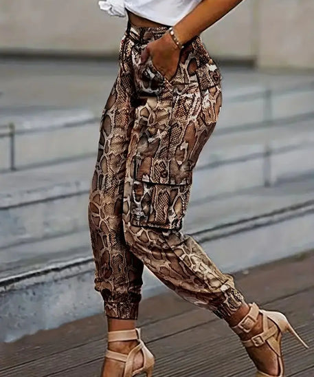 Snakeskin Print Fitted Bottom Jogging Pants Casual High-Waisted Flip Pockets Women's Spring and Summer Pants